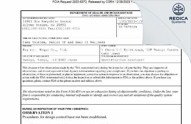 FDA 483 - Fujimori Kogyo Co., Ltd. [Bunkyo / Japan] - Download PDF - Redica Systems
