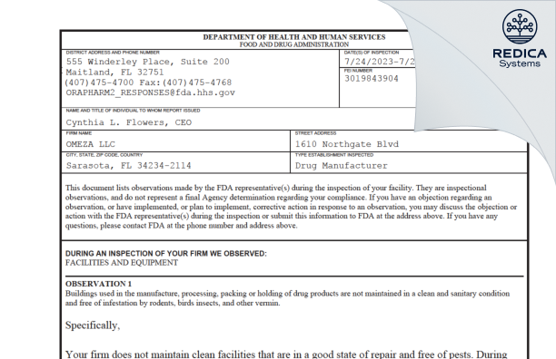 FDA 483 - OMEZA, LLC [Florida / United States of America] - Download PDF - Redica Systems