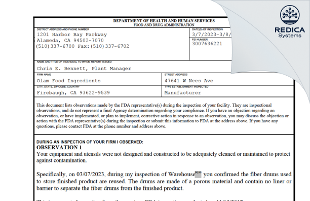 FDA 483 - Olam West Coast Inc. [Firebaugh / United States of America] - Download PDF - Redica Systems