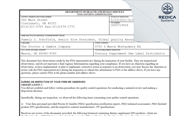 FDA 483 - The Procter & Gamble Company [Mason / United States of America] - Download PDF - Redica Systems