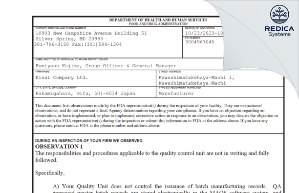 FDA 483 - Eisai Co., Ltd. [Kakamigahara / Japan] - Download PDF - Redica Systems