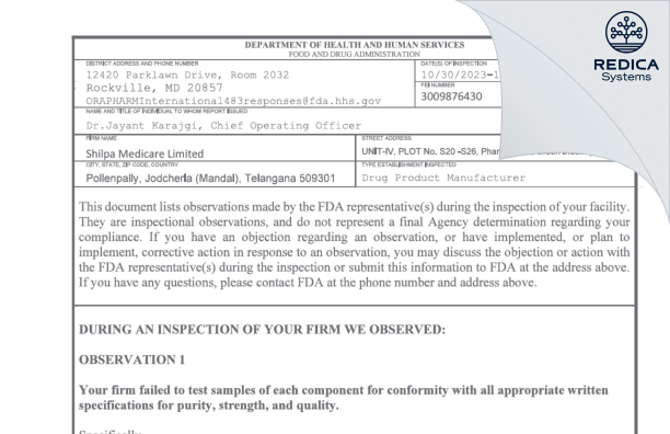 FDA 483 - SHILPA MEDICARE LIMITED [Jadcherla / India] - Download PDF - Redica Systems