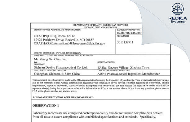 FDA 483 - Sichuan Deebio Pharmaceutical Co.,Ltd [China / China] - Download PDF - Redica Systems