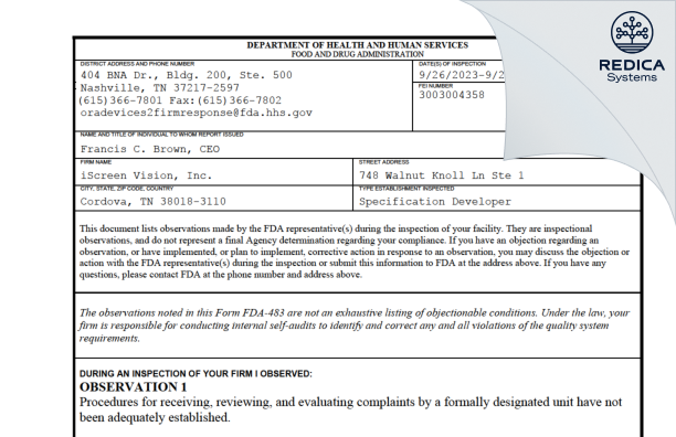FDA 483 - iScreen Vision, Inc. [Cordova / United States of America] - Download PDF - Redica Systems