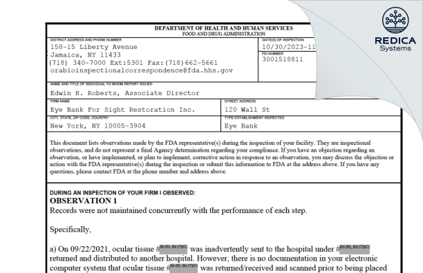 FDA 483 - Eye Bank For Sight Restoration Inc. [New York / United States of America] - Download PDF - Redica Systems