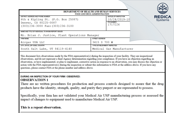 FDA 483 - Airgas Usa, LLC [Salt Lake City / United States of America] - Download PDF - Redica Systems