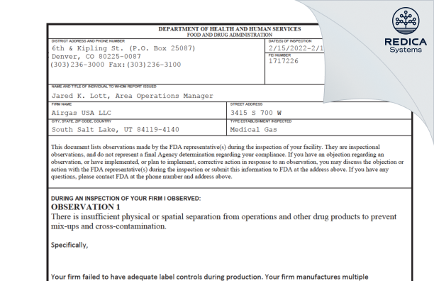 FDA 483 - Airgas Usa, LLC [Salt Lake City / United States of America] - Download PDF - Redica Systems
