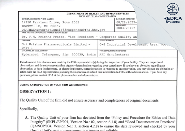 FDA 483 - Sri Krishna Pharmaceuticals Limited [India / India] - Download PDF - Redica Systems