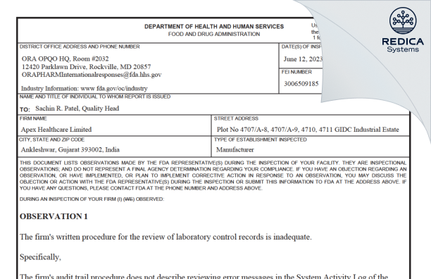 FDA 483 - Apex Healthcare Limited [India / India] - Download PDF - Redica Systems