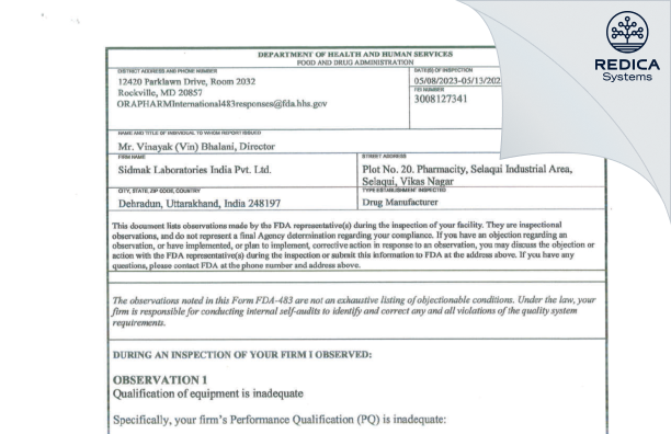 FDA 483 - Sidmak Laboratories (India) Pvt.Ltd. [India / India] - Download PDF - Redica Systems