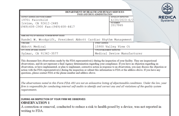 FDA 483 - Abbott Medical [Sylmar / United States of America] - Download PDF - Redica Systems