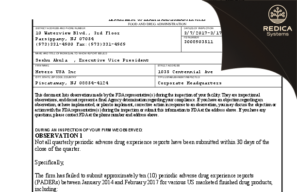FDA 483 - Hetero USA Inc [Piscataway / United States of America] - Download PDF - Redica Systems