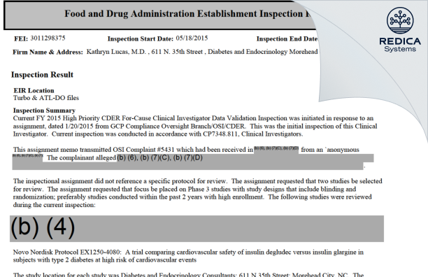 EIR - Kathryn Lucas, M.D. [Morehead City / United States of America] - Download PDF - Redica Systems