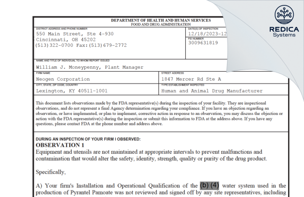 FDA 483 - Neogen Corporation - Mercer Rd. [Lexington / United States of America] - Download PDF - Redica Systems