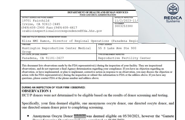 FDA 483 - Huntington Reproductive Center Medical Group [Pasadena / United States of America] - Download PDF - Redica Systems