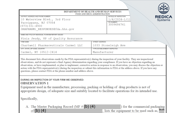 FDA 483 - Chartwell Pharmaceutical Carmel LLC [Carmel / United States of America] - Download PDF - Redica Systems