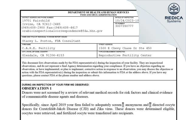 FDA 483 - C.A.R.E. Fertility [Glendale / United States of America] - Download PDF - Redica Systems