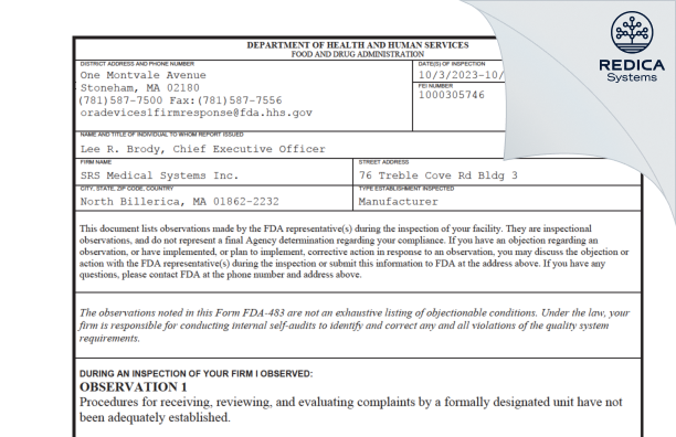 FDA 483 - SRS Medical Systems Inc. [North Billerica / United States of America] - Download PDF - Redica Systems