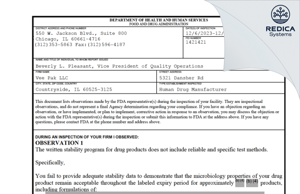 FDA 483 - Vee Pak, LLC dba Voyant Beauty [Countryside / United States of America] - Download PDF - Redica Systems