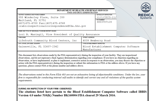 FDA 483 - LifeSouth Community Blood Centers, Inc [Gainesville / United States of America] - Download PDF - Redica Systems