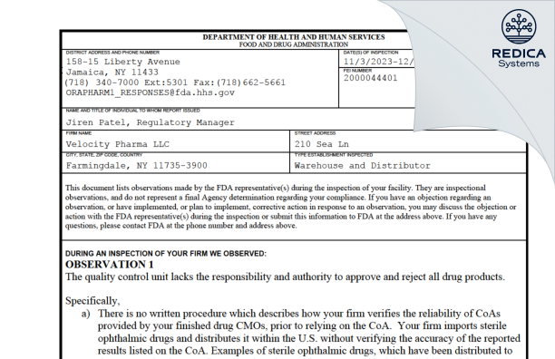 FDA 483 - Velocity Pharma LLC [New York / United States of America] - Download PDF - Redica Systems