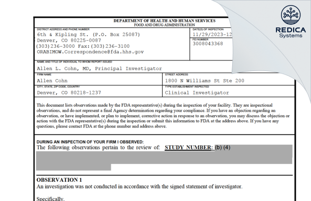 FDA 483 - Allen Cohn [Denver / United States of America] - Download PDF - Redica Systems