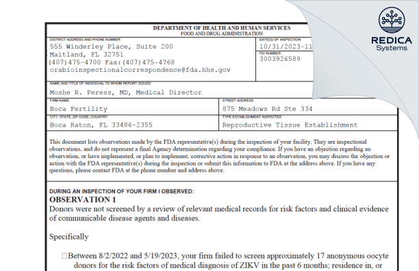 FDA 483 - Boca Fertility [Boca Raton / United States of America] - Download PDF - Redica Systems