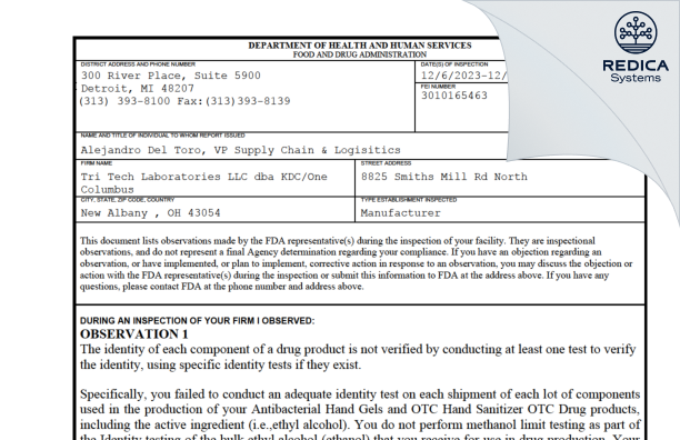 FDA 483 - Tri Tech Laboratories LLC [Ohio / United States of America] - Download PDF - Redica Systems