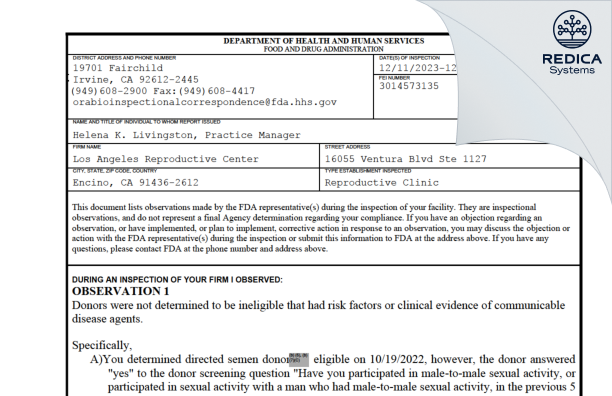 FDA 483 - Los Angeles Reproductive Center [Encino / United States of America] - Download PDF - Redica Systems