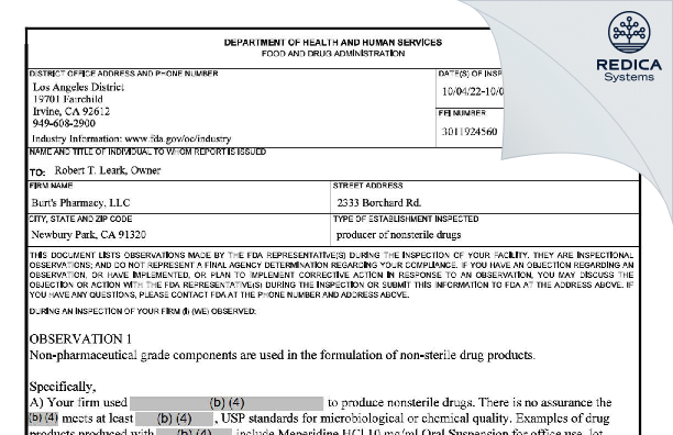 FDA 483 - Burt's Pharmacy, LLC [Newbury Park / United States of America] - Download PDF - Redica Systems