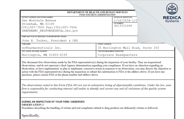 FDA 483 - scPharmaceuticals Inc. [Burligton Massachusetts / United States of America] - Download PDF - Redica Systems