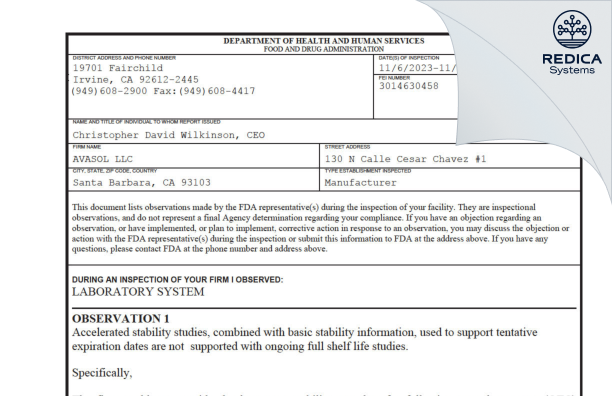 FDA 483 - AVASOL LLC [Santa Barbara / United States of America] - Download PDF - Redica Systems