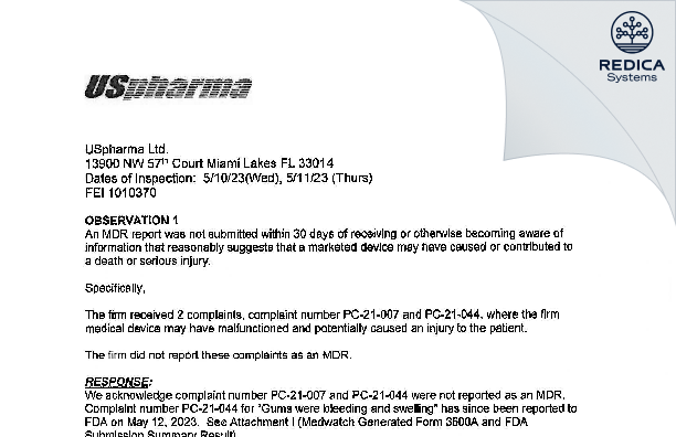 FDA 483 Response - USpharma Ltd [Florida / United States of America] - Download PDF - Redica Systems