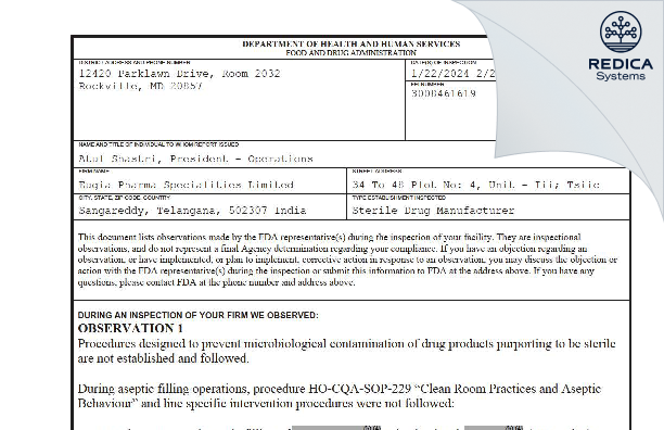 FDA 483 - Eugia Pharma Specialities Limited [India / India] - Download PDF - Redica Systems