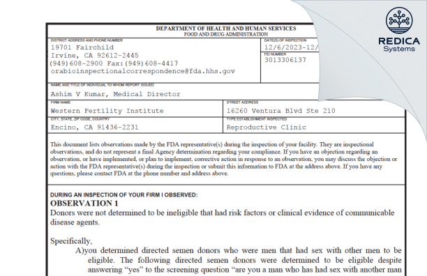 FDA 483 - Ashim Kumar MD, Inc dba Western Fertility Institute LLC [Encino / United States of America] - Download PDF - Redica Systems