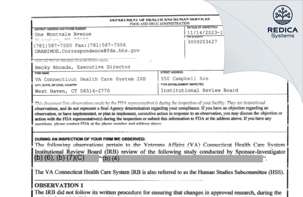 FDA 483 - VA Connecticut Health Care System IRB [West Haven / United States of America] - Download PDF - Redica Systems