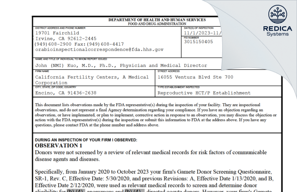 FDA 483 - California Fertility Centers, A Medical Corporation [Pasadena / United States of America] - Download PDF - Redica Systems
