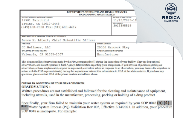 FDA 483 - CC Wellness, LLC [California / United States of America] - Download PDF - Redica Systems