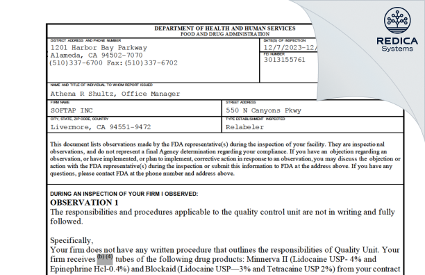 FDA 483 - SofTap Inc [Livermore / United States of America] - Download PDF - Redica Systems