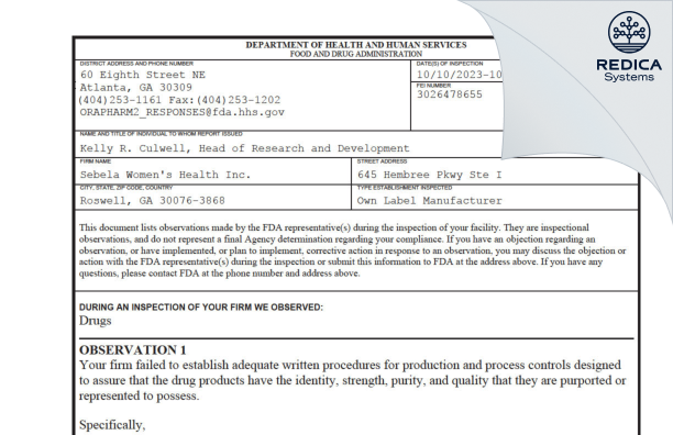 FDA 483 - Sebela Women's Health Inc. [Roswell / United States of America] - Download PDF - Redica Systems