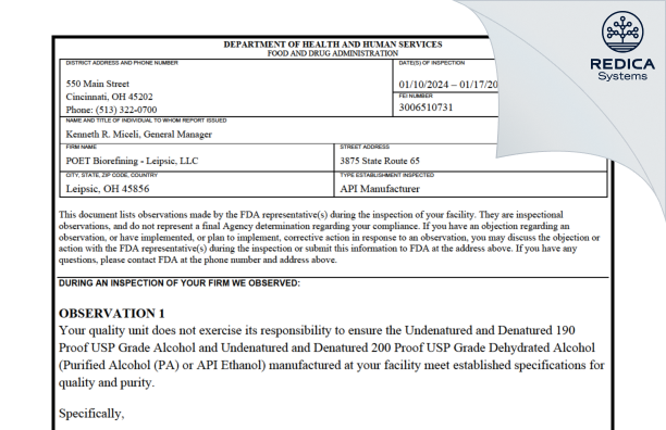 FDA 483 - POET BIOREFINING - LEIPSIC, LLC [Leipsic Ohio / United States of America] - Download PDF - Redica Systems