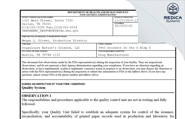FDA 483 - Organicare Nature's Science, LLC [Austin / United States of America] - Download PDF - Redica Systems