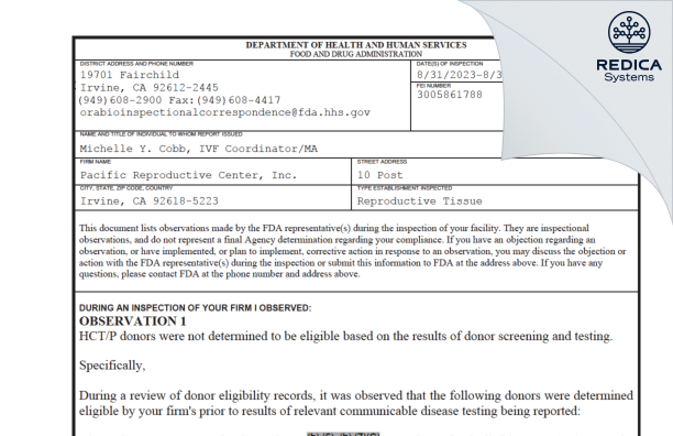 FDA 483 - Pacific Reproductive Center, Inc. [Irvine / United States of America] - Download PDF - Redica Systems