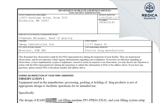 FDA 483 - Omega Laboratories Limited [Montreal / Canada] - Download PDF - Redica Systems