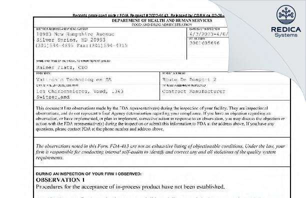 FDA 483 - Valtronic Technologies SA [Les Charbonnieres / Switzerland] - Download PDF - Redica Systems