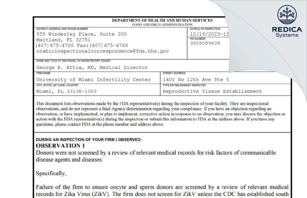 FDA 483 - University of Miami Infertility Center [Miami / United States of America] - Download PDF - Redica Systems