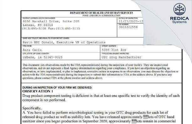 FDA 483 - Aura Cacia [Urbana / United States of America] - Download PDF - Redica Systems