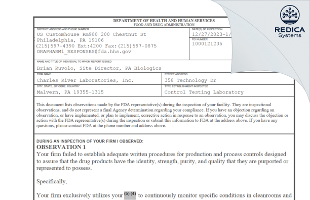 FDA 483 - Charles River Laboratories, Inc. [Malvern / United States of America] - Download PDF - Redica Systems