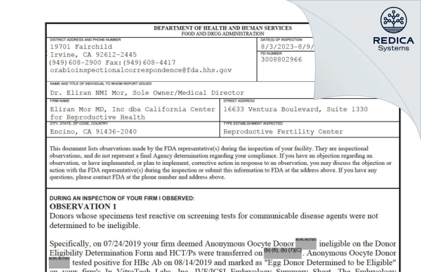 FDA 483 - California Center for Reproductive Health [Encino / United States of America] - Download PDF - Redica Systems