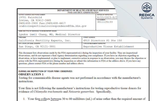 FDA 483 - California Fertility Experts, Inc. [San Diego / United States of America] - Download PDF - Redica Systems